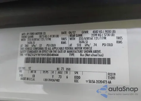 2017 Ford Transit-350 Xlt from USA, damaged, VIN 1FBZX2YM1HKB04944